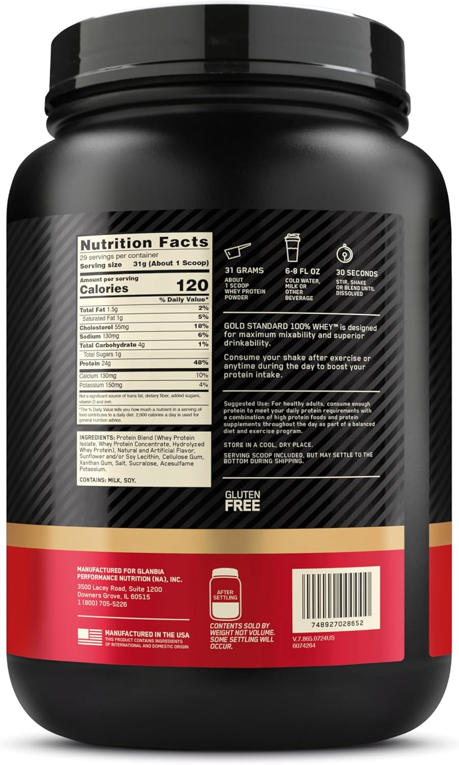 Optimum Nutrition Gold Standard 100% Whey Protein Powder, Vanilla Ice Cream, 2 Pound