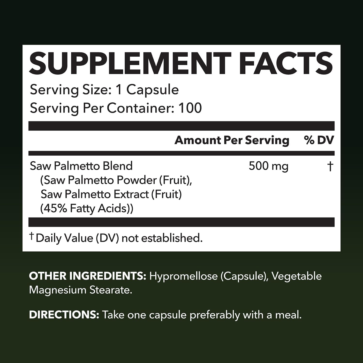 Saw Palmetto for Men Prostate Health Supplement to Promote Urinary Tract Function - 500mg Per Serving - 100 Count