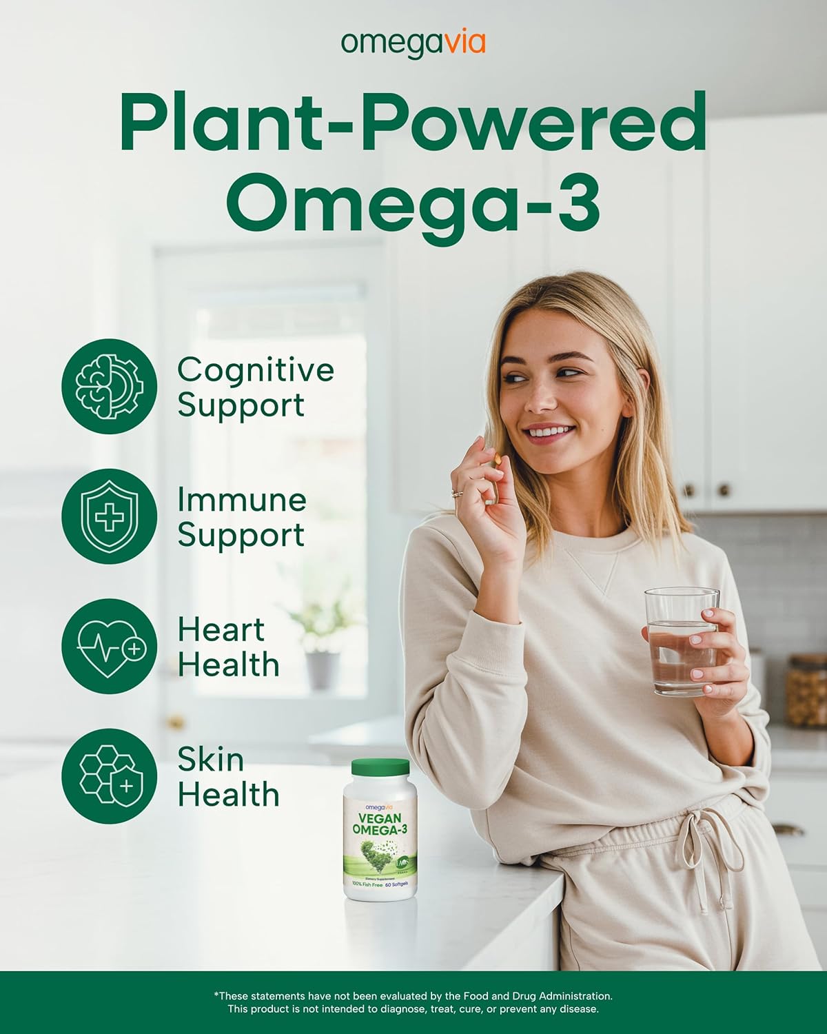 OmegaVia Vegan Omega 3 Supplement, Algae Omega 3 Fish Oil Alternative, 60 Softgels