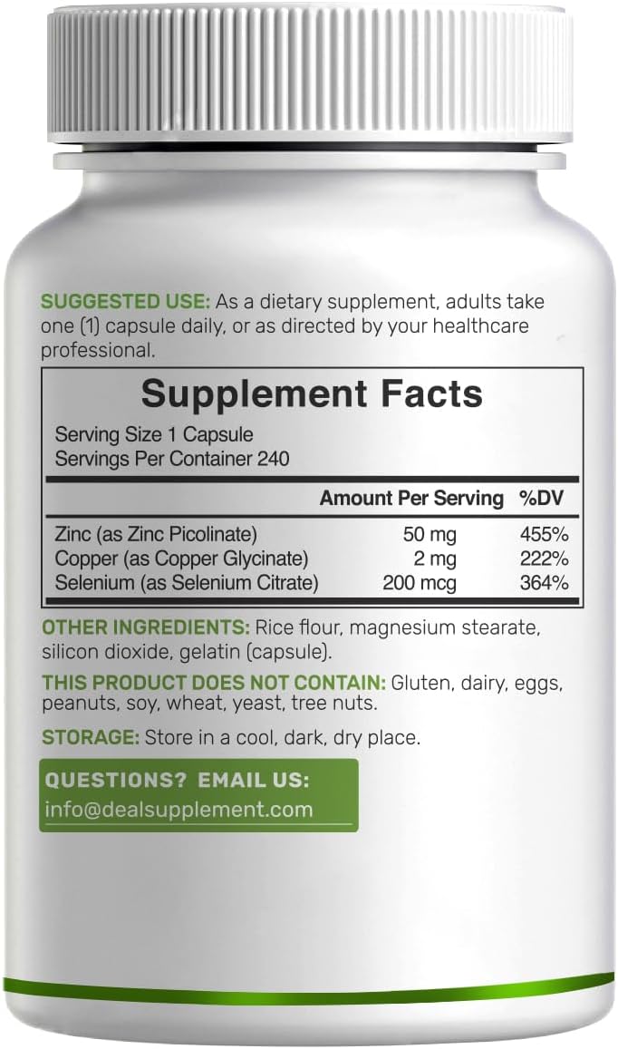 Deal Supplement Zinc 50mg with Selenium + Copper, 240 Capsules, 8 Month Supply, 3 in 1 Mineral Formula