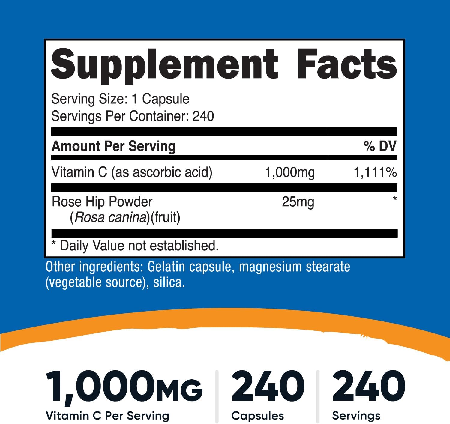 Nutricost Vitamin C with Rose HIPS 1025mg, 240 Capsules - Vitamin C 1,000mg