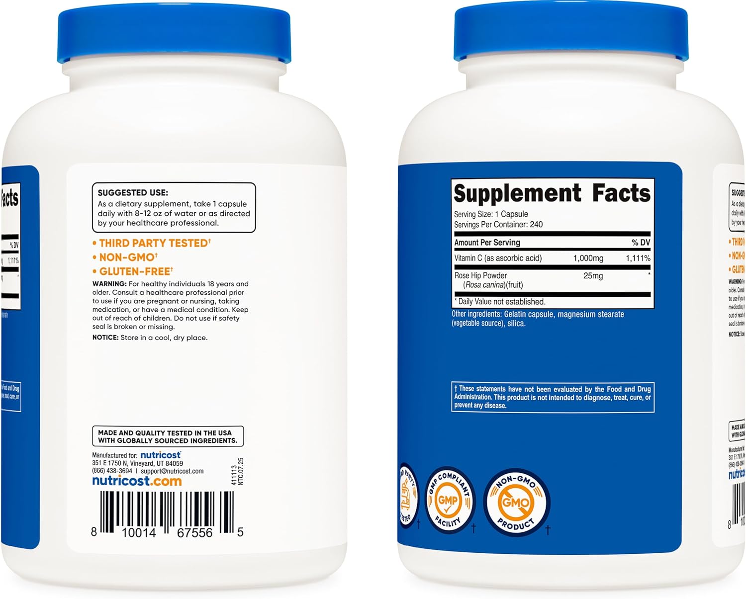Nutricost Vitamin C with Rose HIPS 1025mg, 240 Capsules - Vitamin C 1,000mg