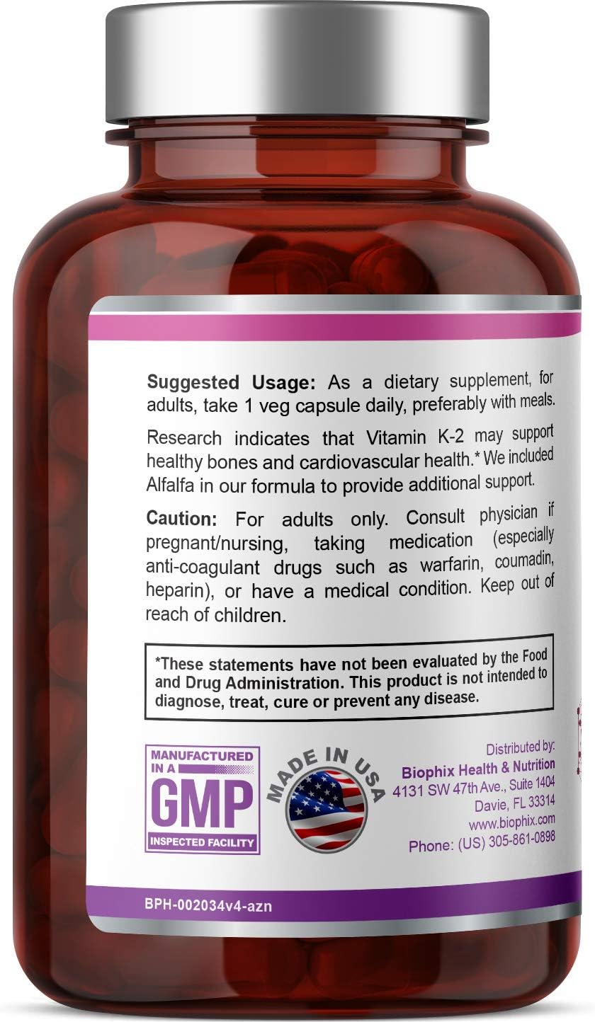 biophix Vitamin K2 MK-4-100 mcg 200 Caps with Alfalfa - Supports Strong Bones Immune Health