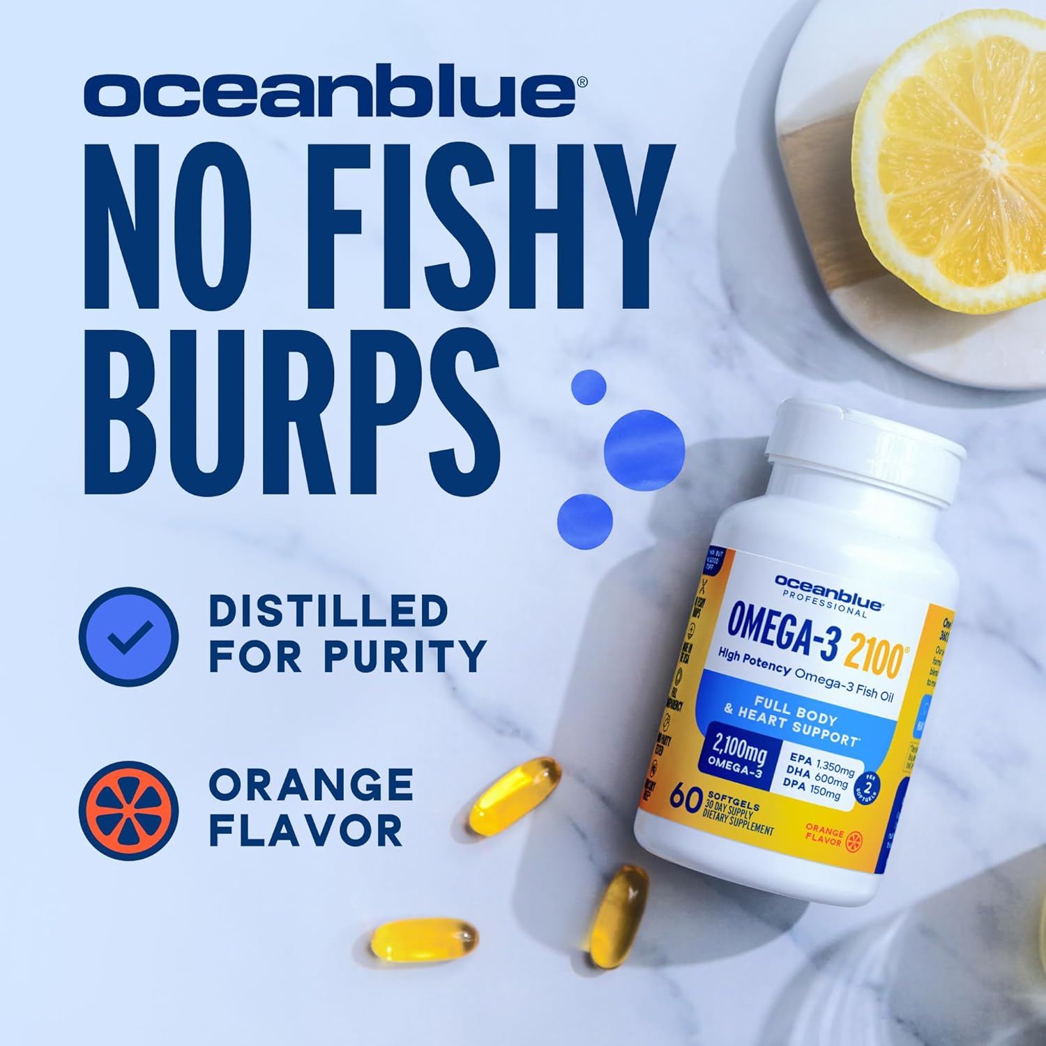 Oceanblue Professional Omega-3 2100 – 180 ct – Triple Strength Burpless Fish Oil Supplement, (90 Servings)
