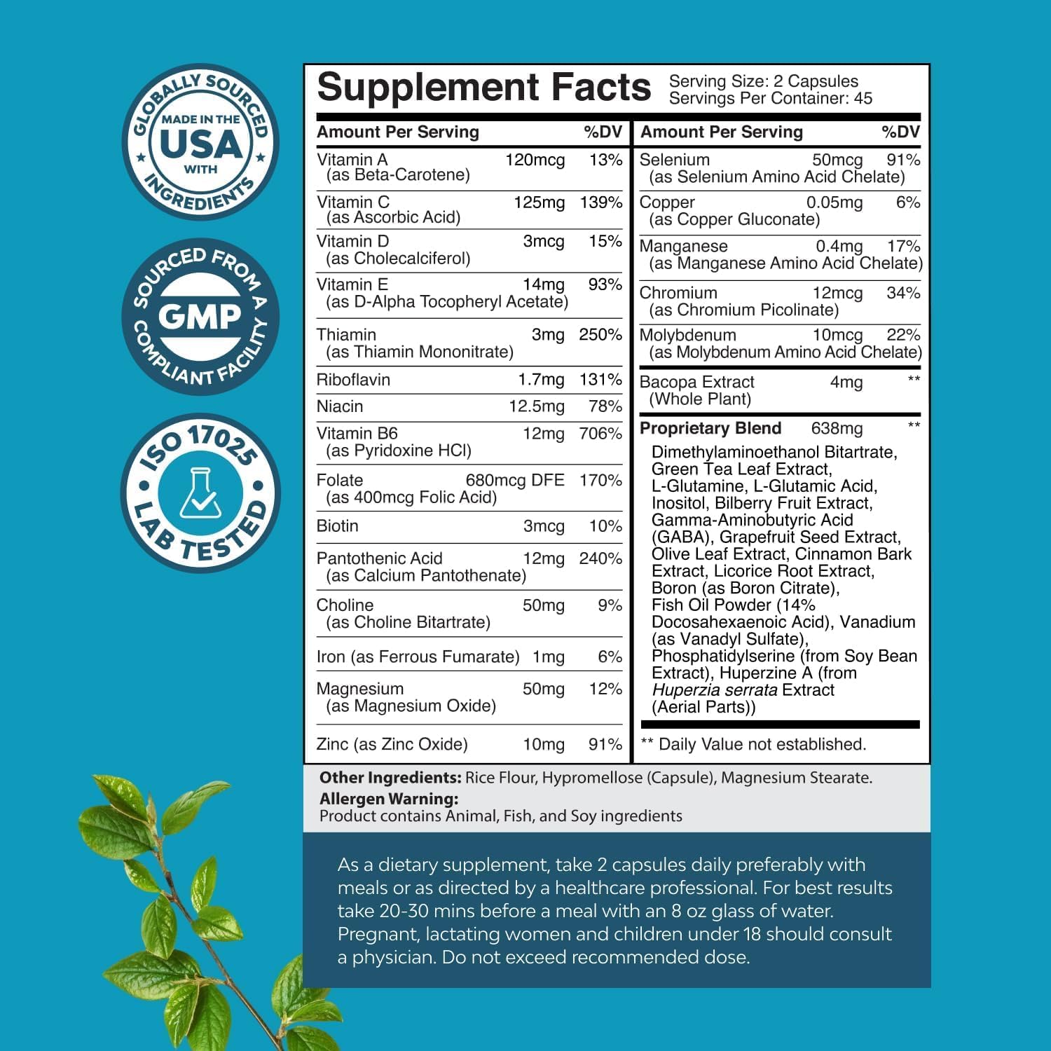 Nootropic Brain Supplement for Memory and Focus Support - Vitamins for Mental Support & Clarity - 90 Ct