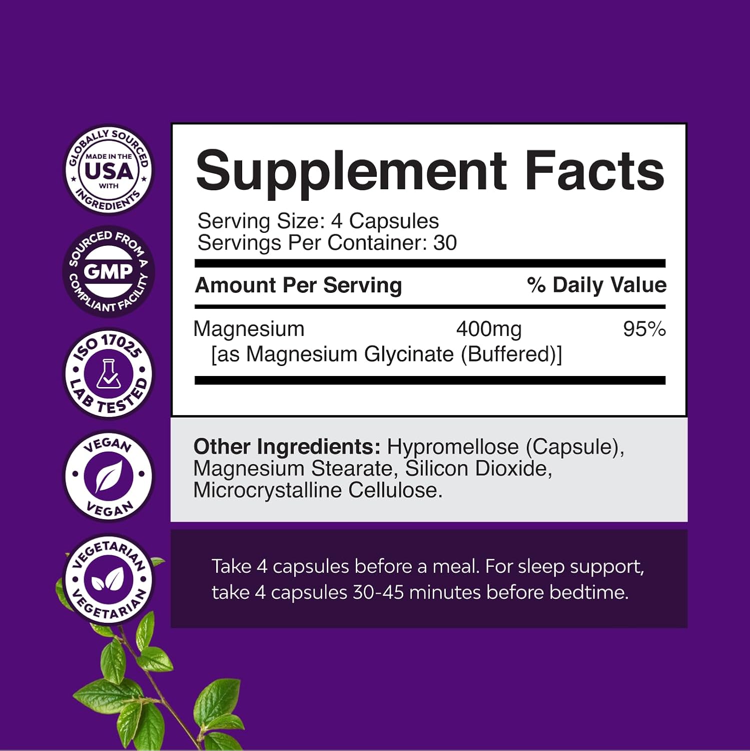 Pure Magnesium Glycinate Supplement 400mg Per Serving - for Women & Men with Elemental 400mg - 120 Count