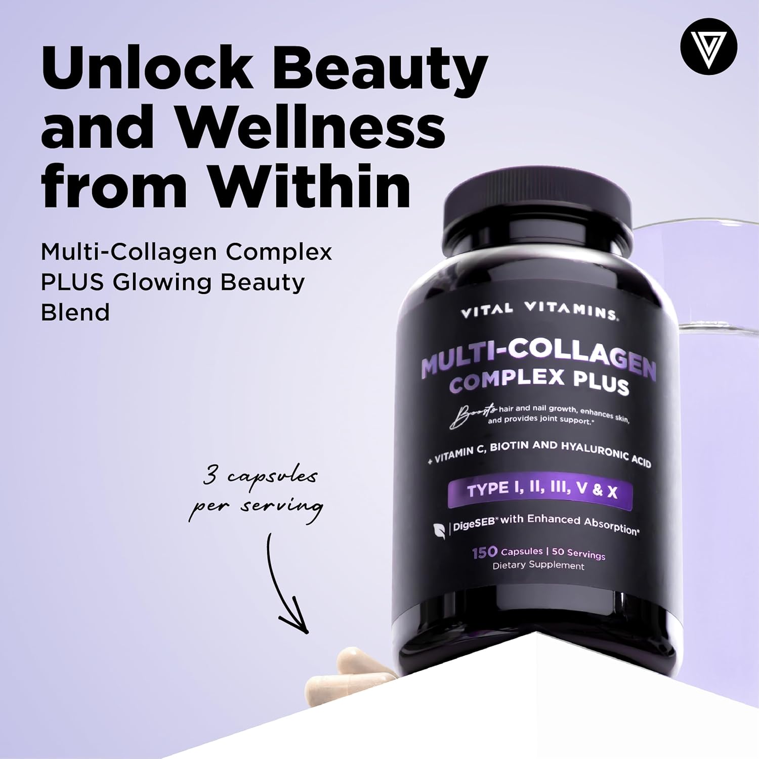Vital Vitamins Multi Collagen Complex Plus - with Biotin, Hyaluronic Acid, Vitamin C - Type I, II, III, V, X - for Women & Men - 150 Capsules