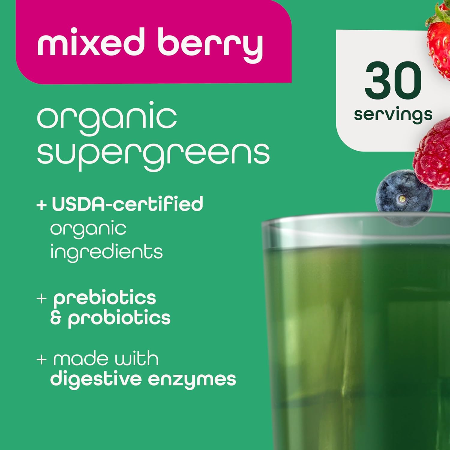 Zena Nutrition Organic Super Greens Powder, 70+ Superfoods, 0 Sugar, 3G Fiber, Spirulina 30 Servings
