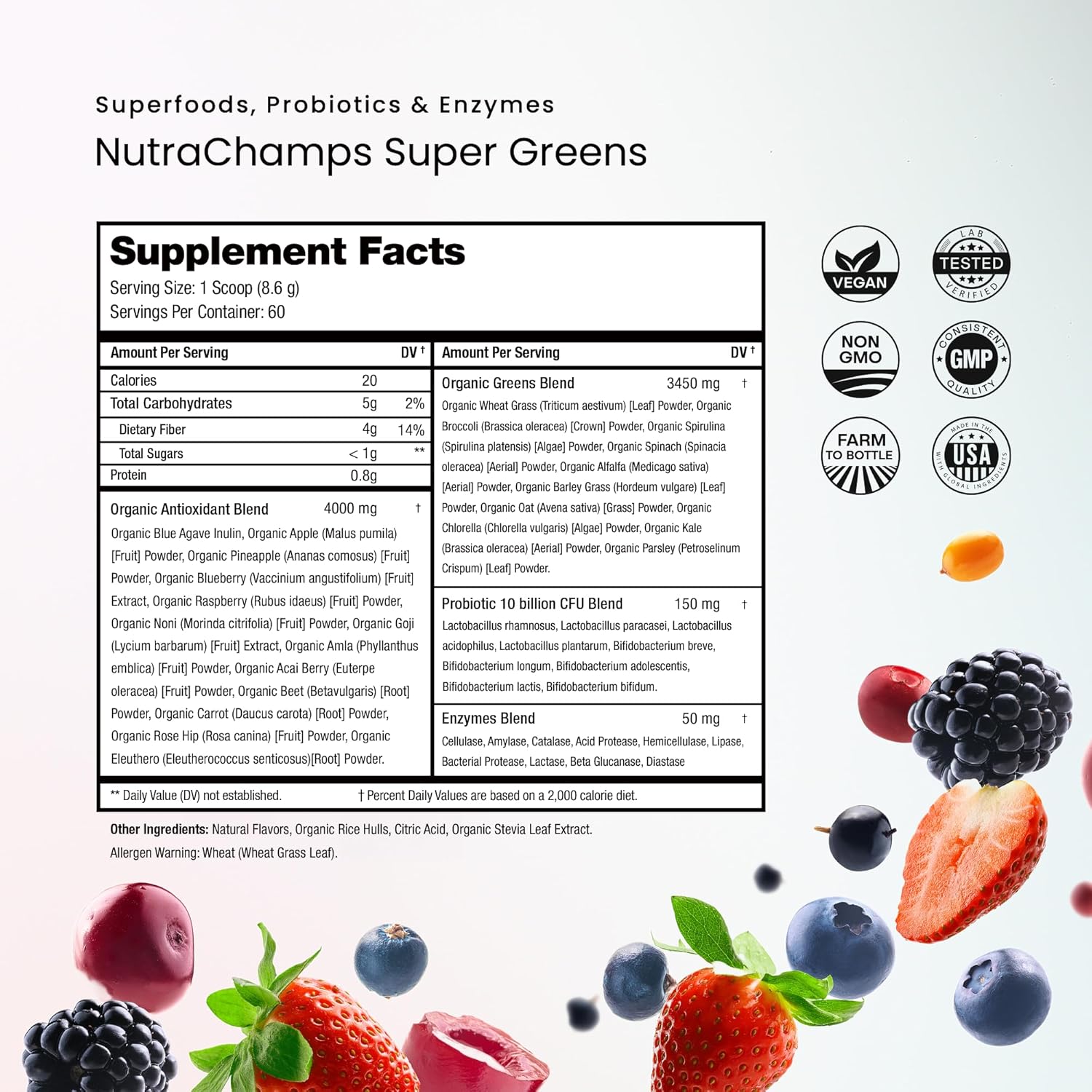 Super Greens Powder, 40+ Organic Superfoods, Probiotics & Enzymes