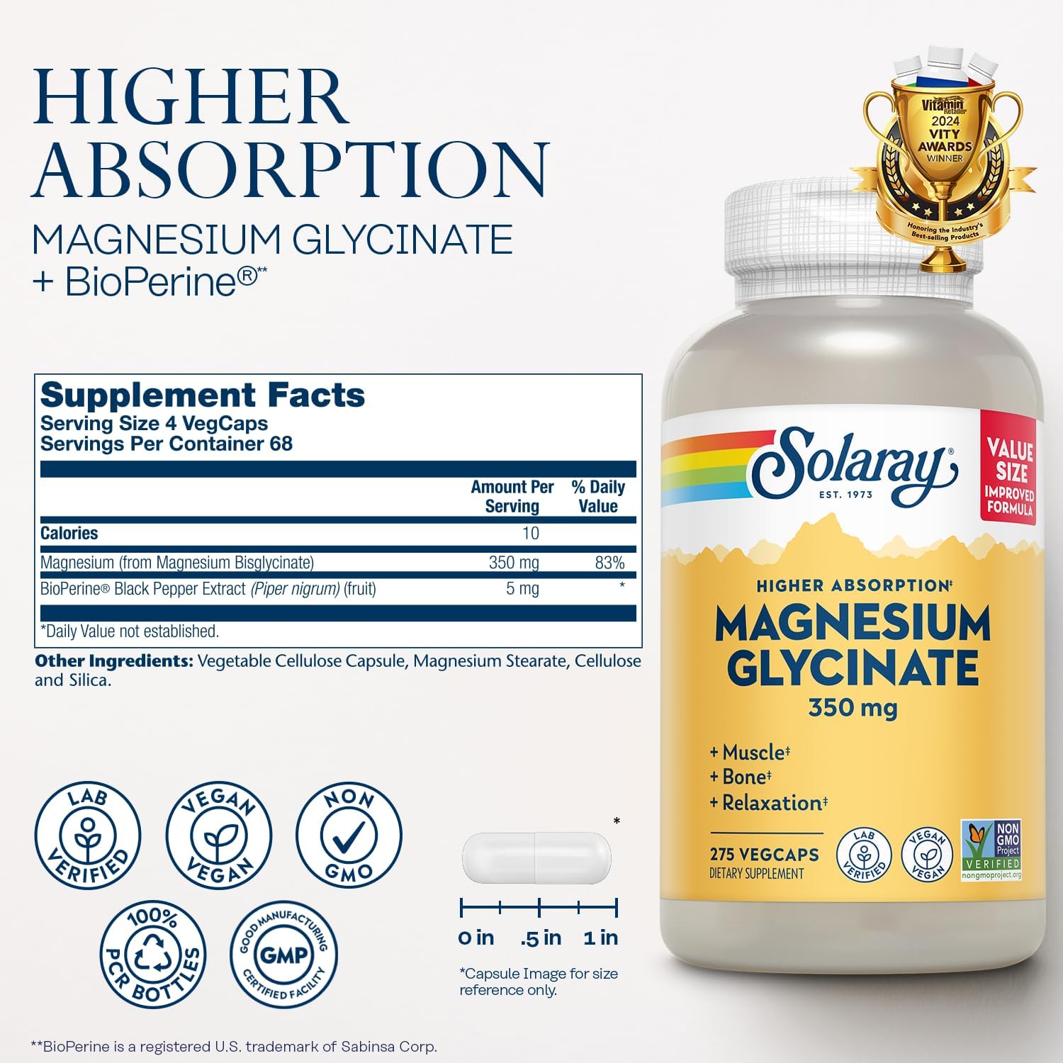 SOLARAY Magnesium Glycinate Capsules, Chelated Magnesium Bisglycinate 68 Servings, 275 VegCaps