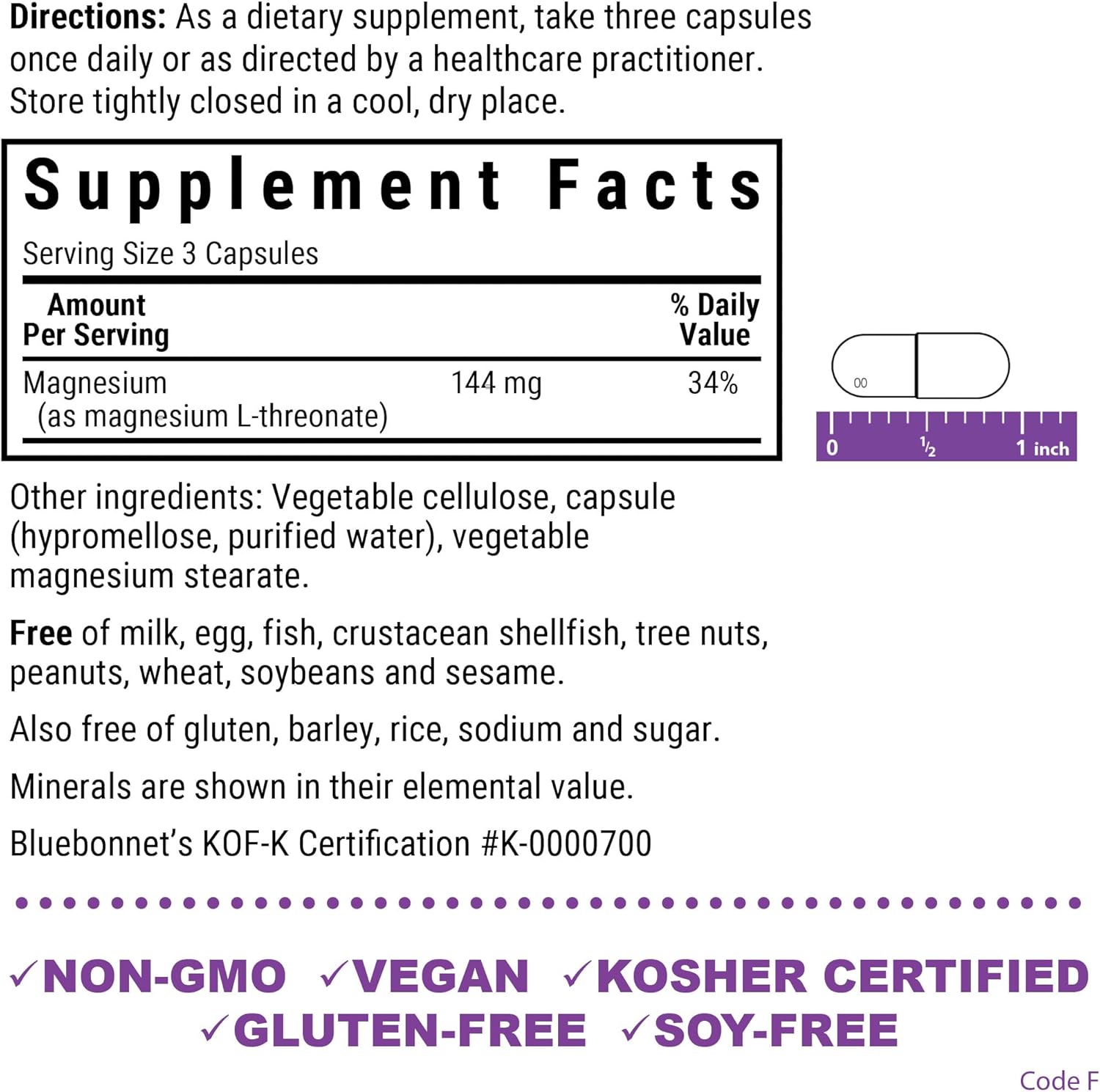 Bluebonnet Nutrition Magtein Magnesium L-Threonate, Brain Health 90 Vegetable Capsules, 30 Servings