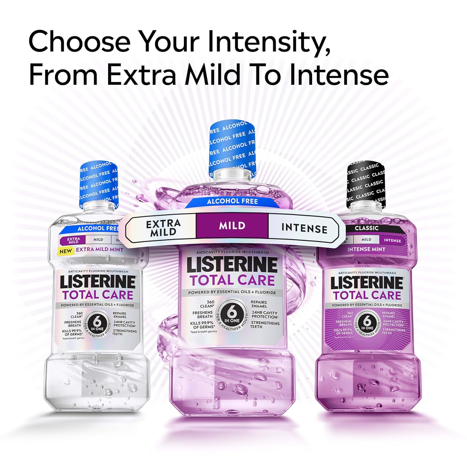 Listerine Total Care Alcohol-Free Mild Mouthwash, 6 Benefit Oral Rinse to Help Kill 99.9% of Germs That Cause Bad Breath, Strengthen Enamel, Mild Mint Flavor, 1 L