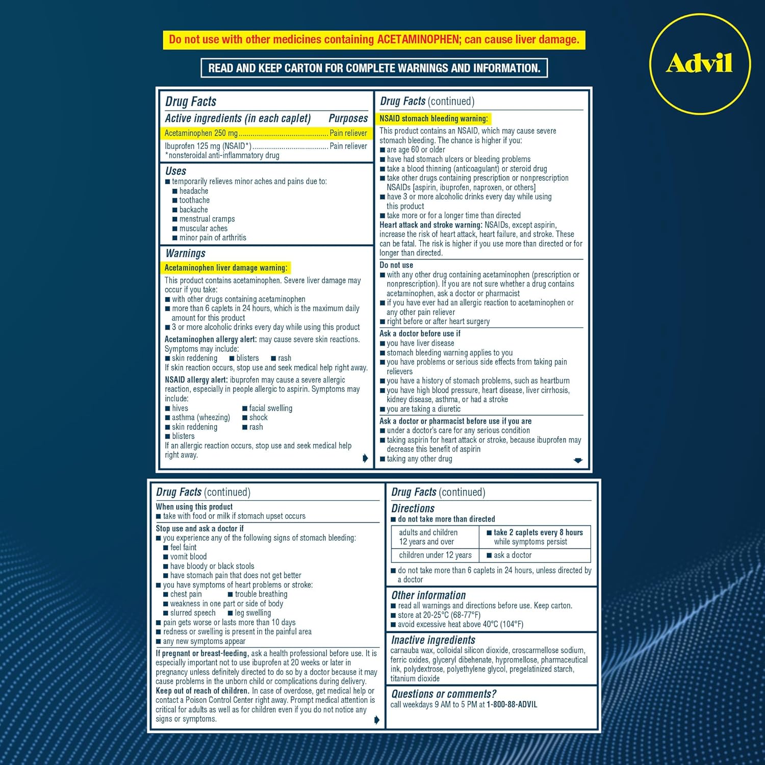 Advil Dual Action Coated Caplets, 125 Mg Ibuprofen and 250 Mg Acetaminophen per Dose, 216 Count