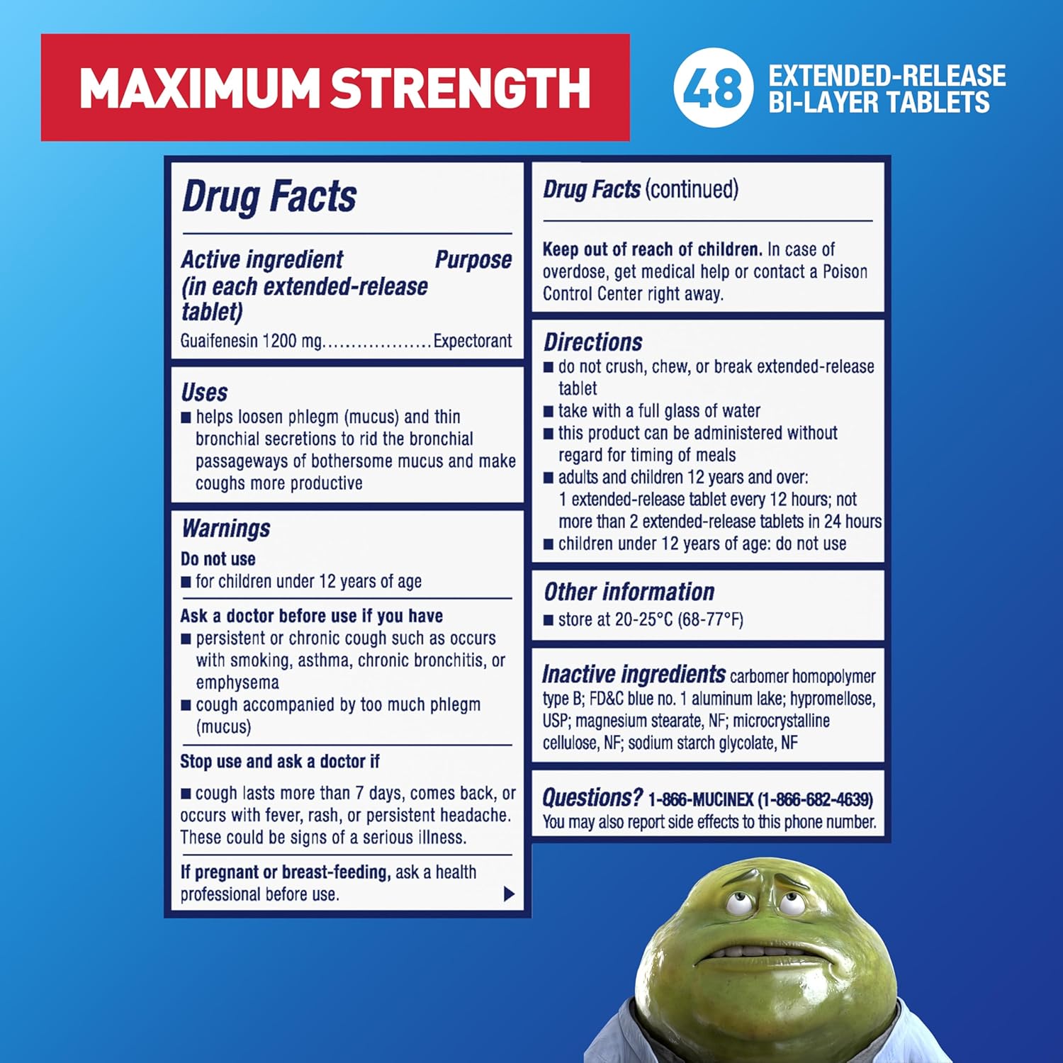Mucinex 12 Hour Maximum Strength 1200 mg Guaifenesin Extended-Release Tablets for Excess Mucus Relief, 48 Tablets