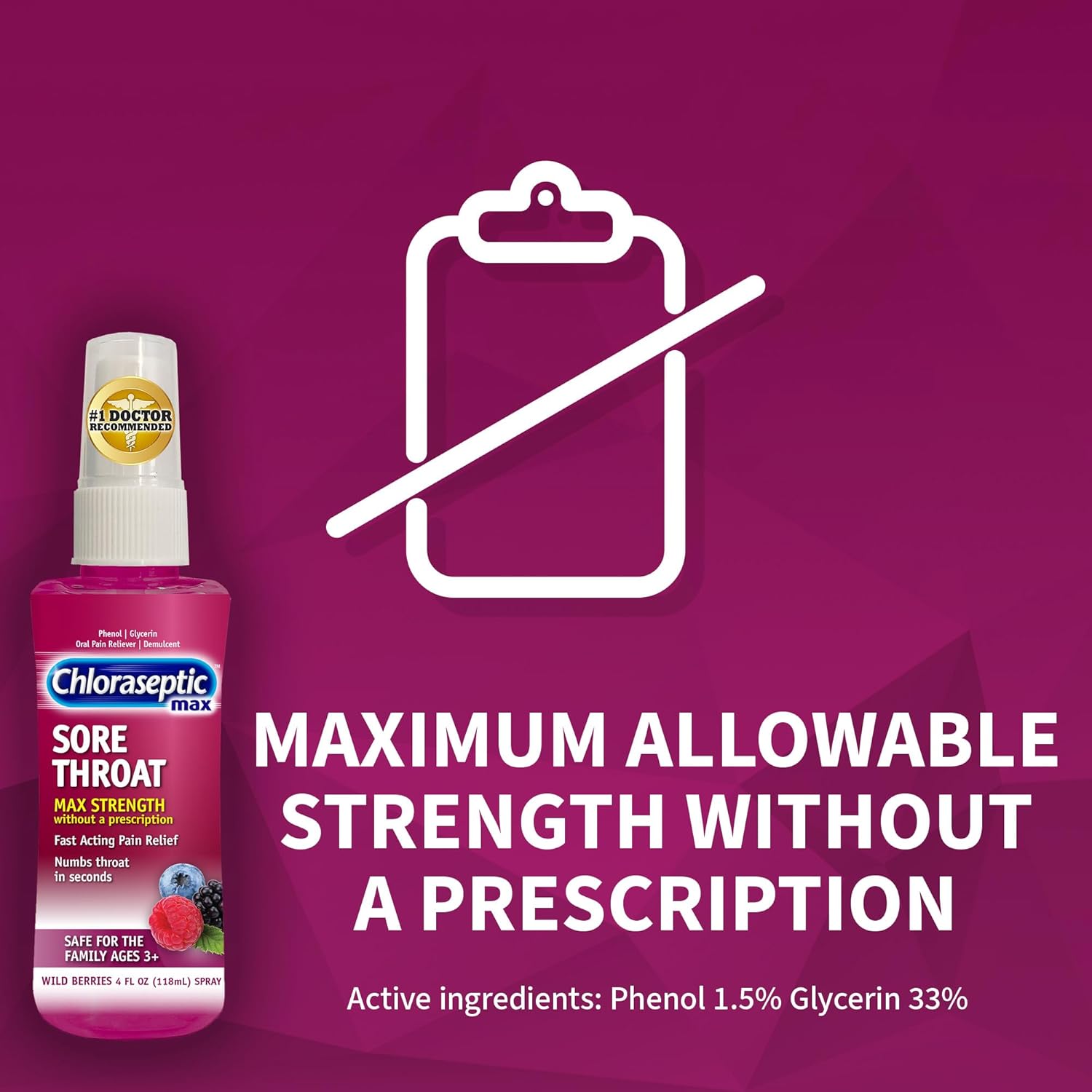 Chloraseptic Sugar-Free Sore Throat Relief Spray, Wild Berry, Spray Soothes Throat Pain in Seconds, 4 Fl Oz