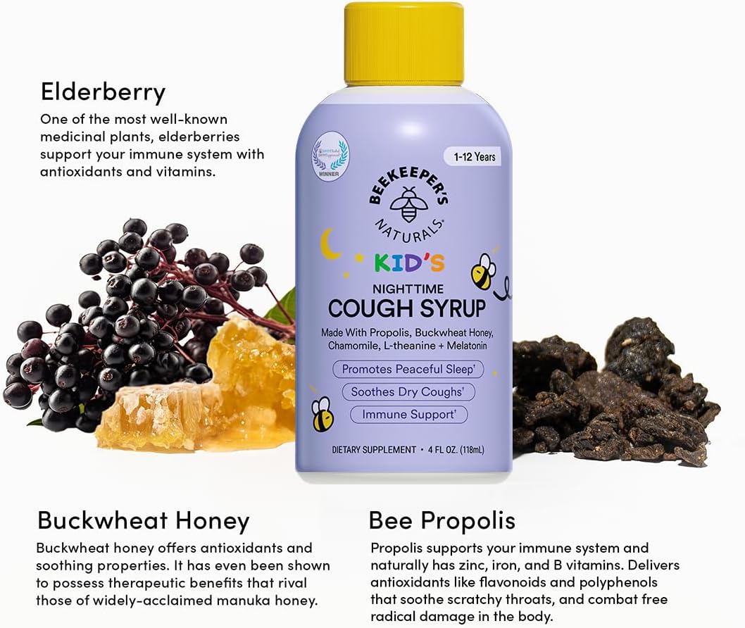 Beekeeper's Naturals Propolis Honey Cough Syrup Nighttime for Kids Immune Support, 4 oz.