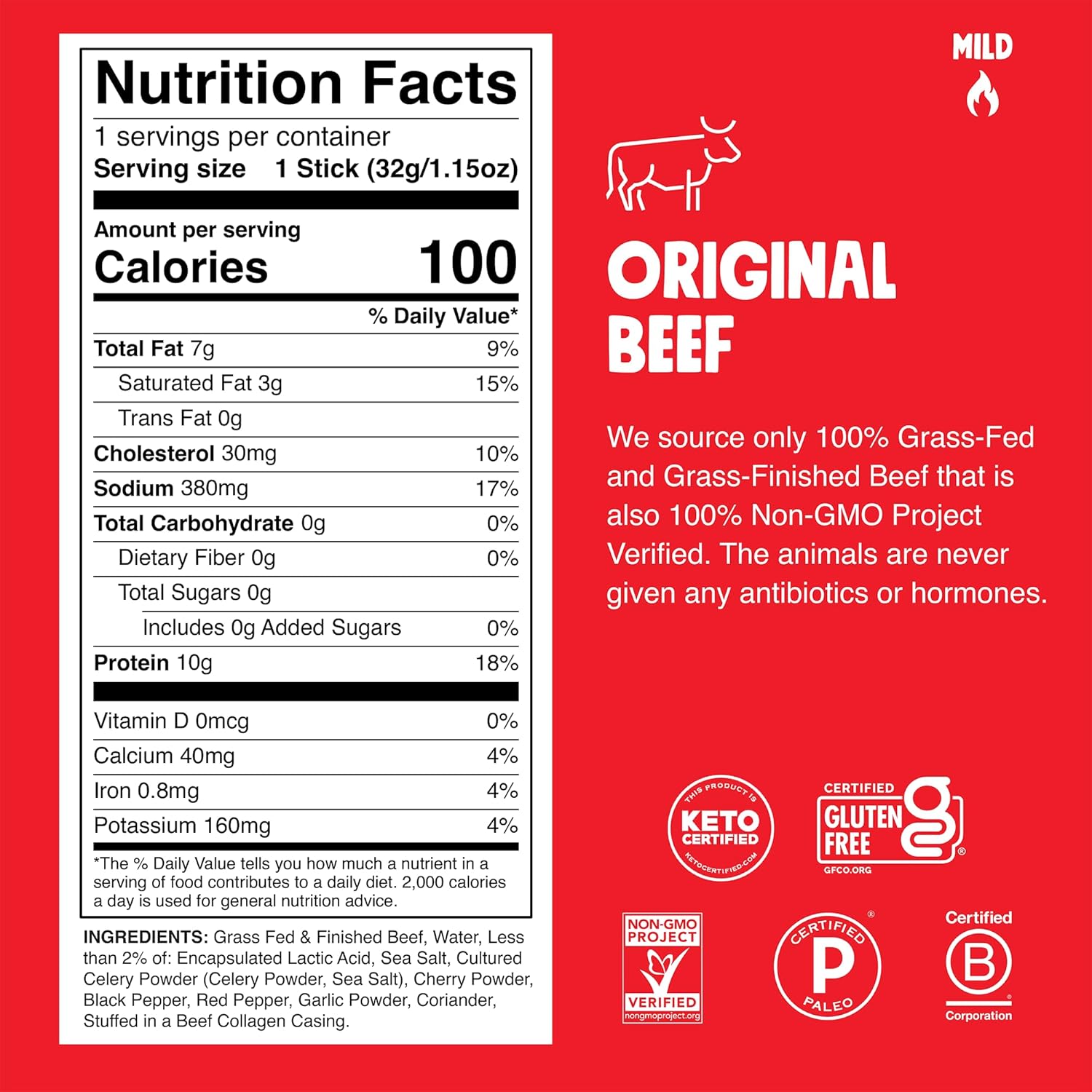 Chomps Grass-Fed and Finished Original Beef Jerky Snack Sticks 10-Pack