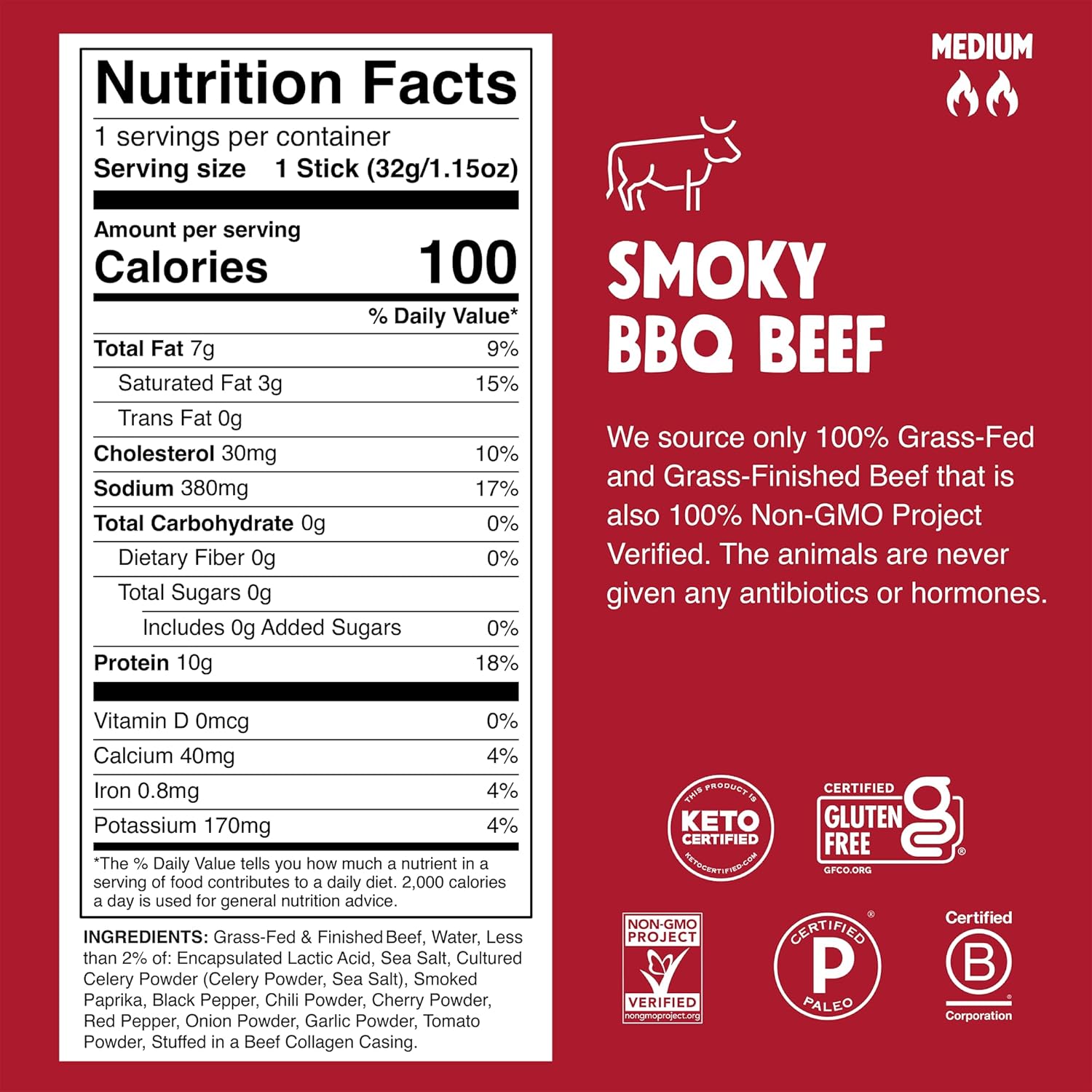 Chomps Grass-Fed and Finished Smoky BBQ Beef Jerky Snack Sticks 10-Pack