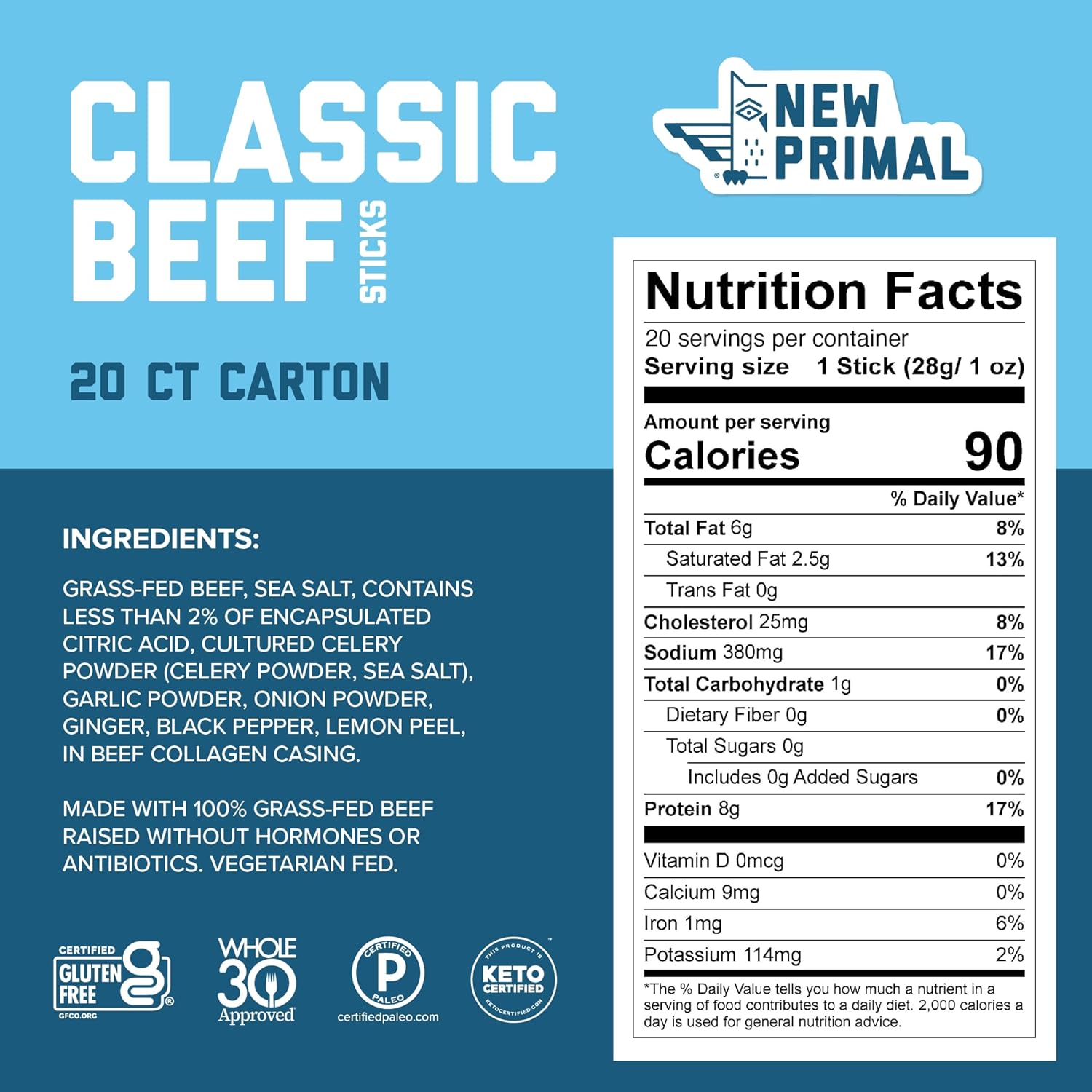 The New Primal Grass Fed Beef Sticks, Keto, Gluten Free Healthy Snacks for Adults, 8g Protein, 90 Calories, 20 Pack