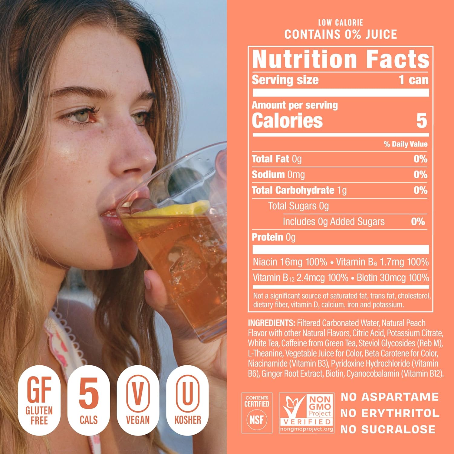 GORGIE Sugar Free Natural Energy Drinks, Peach (12 Pack) - Healthy Energy Drinks