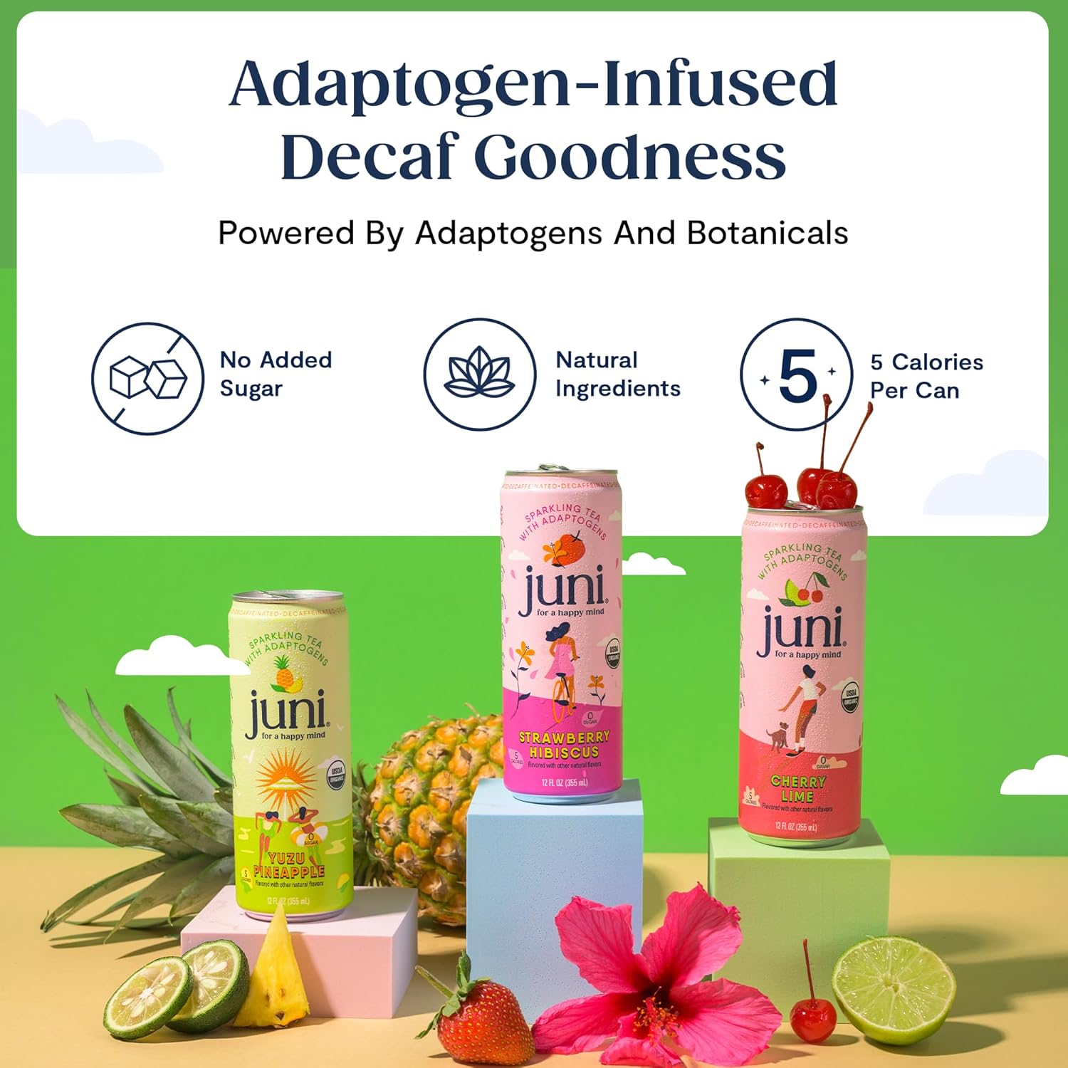Juni Sparkling Adaptogen Drink with Ashwagandha, Lion’s Mane & Reishi Mushrooms - Cherry Lime 12 pack