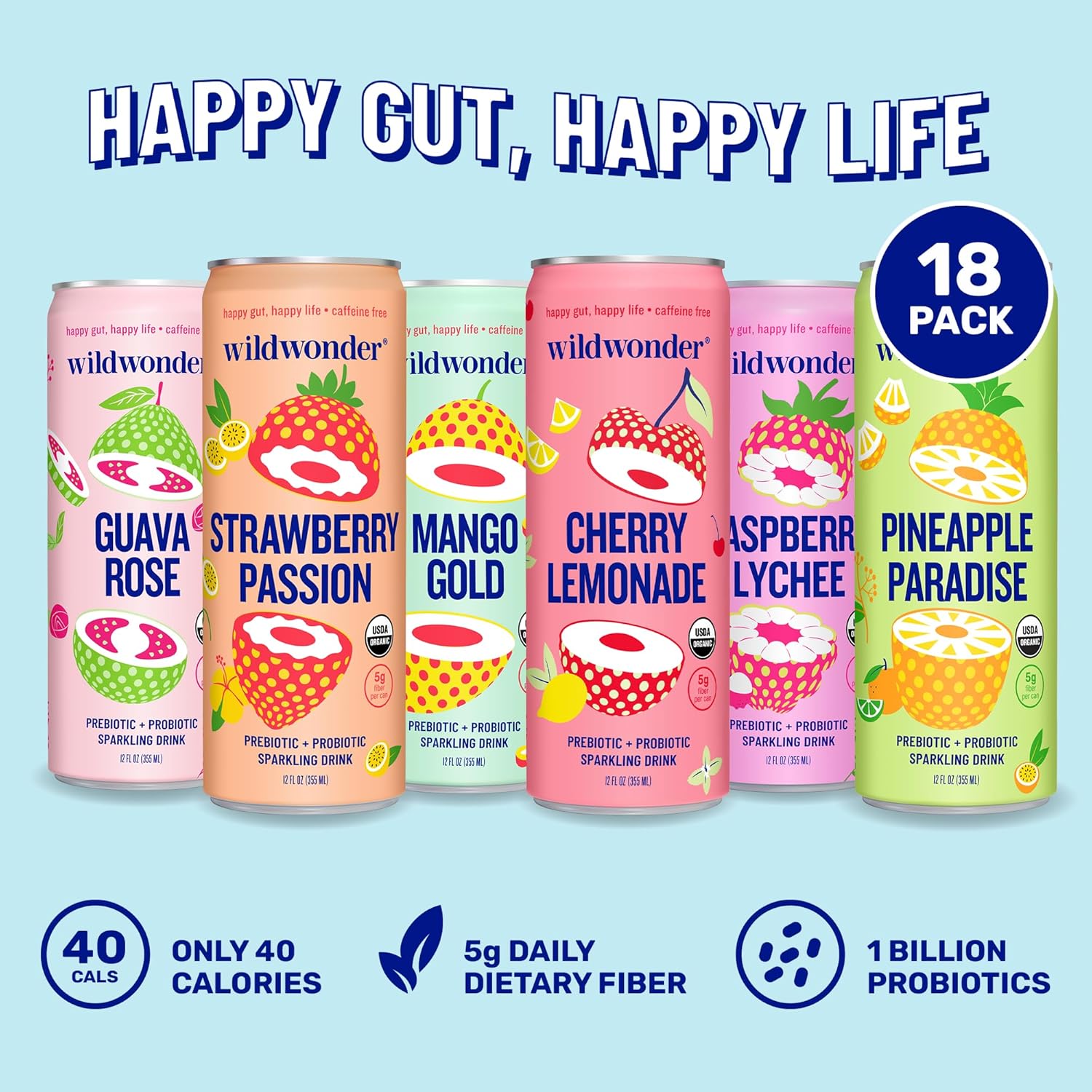 wildwonder Sparkling Probiotic Juice Drink 18pk, w/Gut Health & Immunity Support, Sampler Pack, 6 Flavors, Seen on Shark Tank