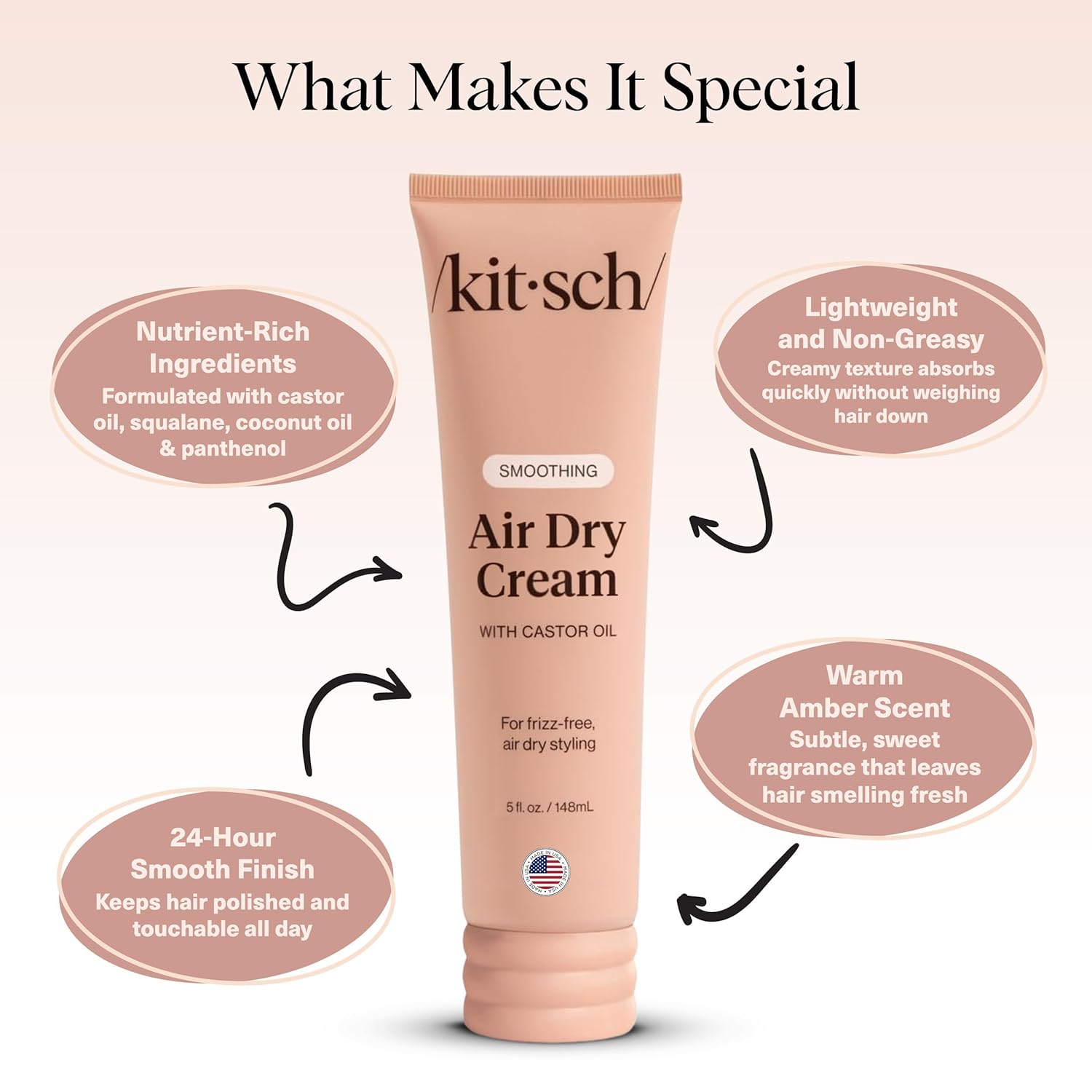 Kitsch Smoothing Air Dry Cream for Hair – Frizz Control Hair Care Product with Castor Oil & Coconut Oil, Ideal Gifts for Women – 5 oz