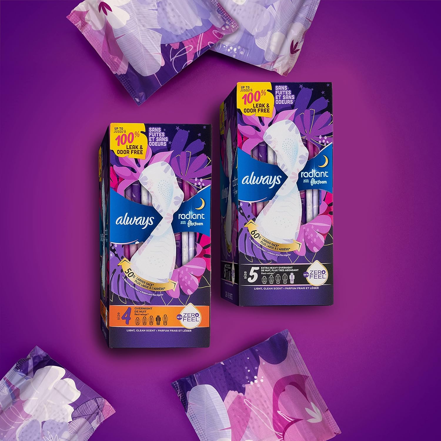 Always Radiant Feminine Pads for Women, Flexfoam Pads with Wings, Size 5, 26 Count