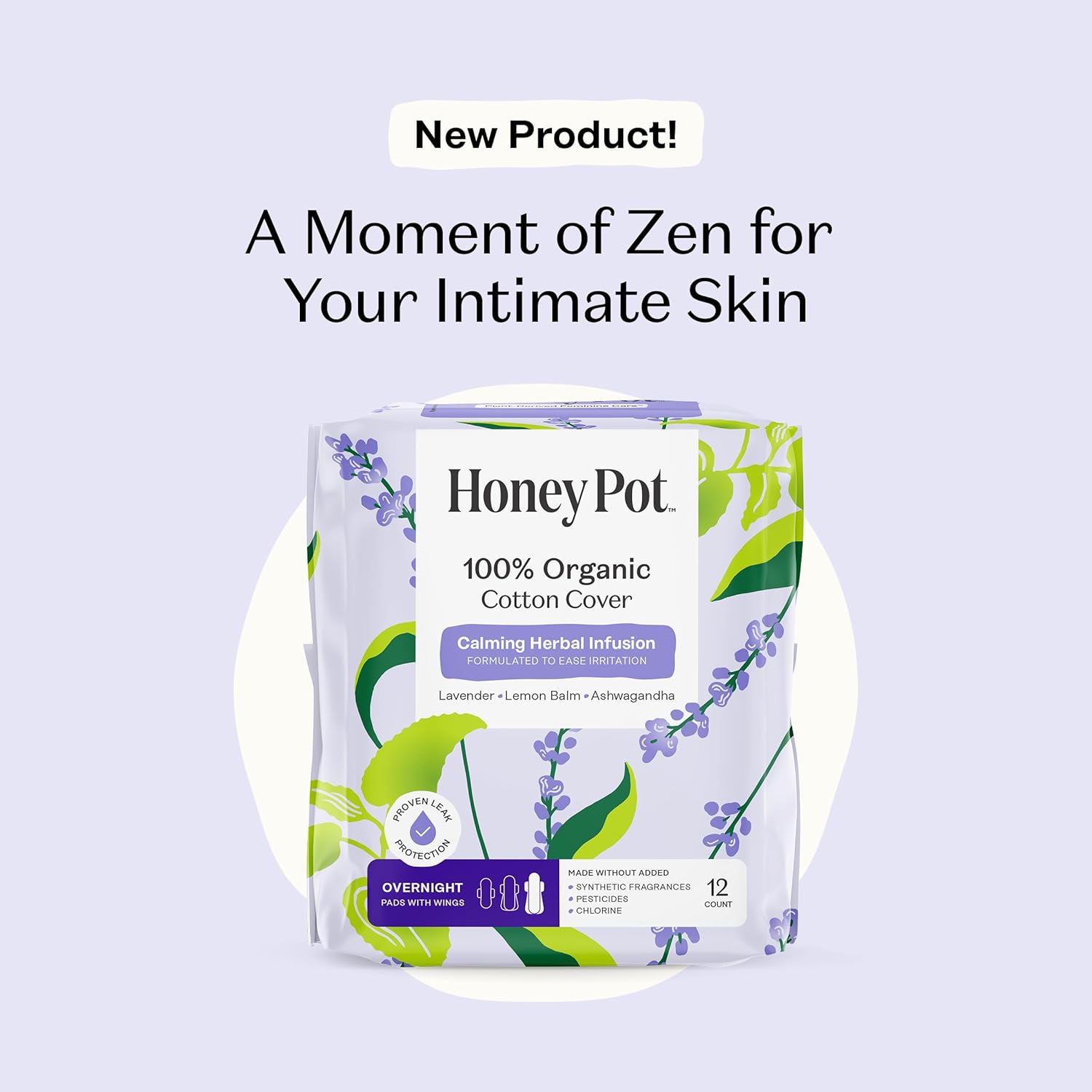 Honey Pot Calming Overnight Sanitary Pads for Women - 100% Organic Cotton Top Sheet - Feminine Care - 12ct