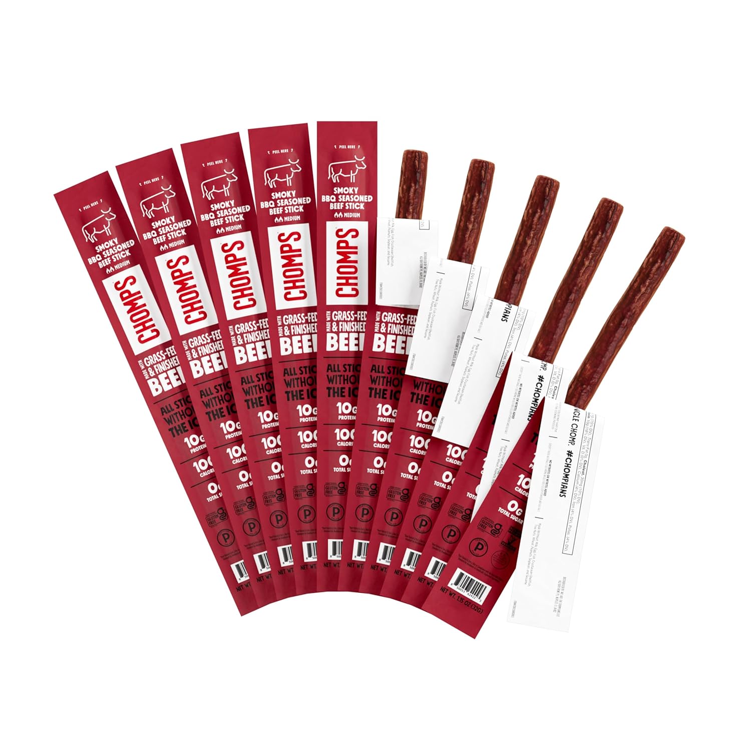 Chomps Grass-Fed and Finished Smoky BBQ Beef Jerky Snack Sticks 10-Pack