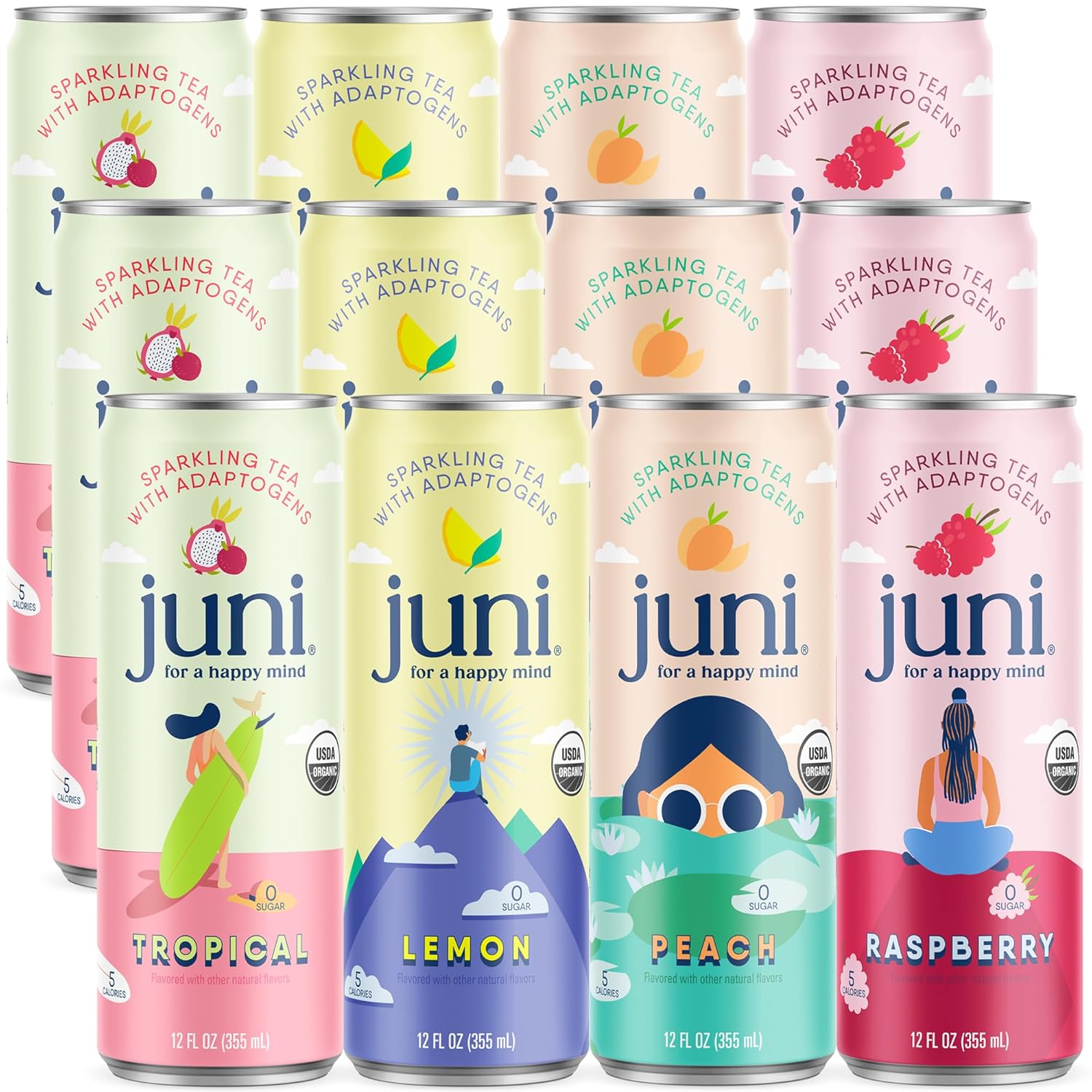 Juni Sparkling Adaptogen Drink with Ashwagandha, Lion’s Mane & Reishi Mushrooms | Non Alcoholic Drinks - Variety Pack 12 pack