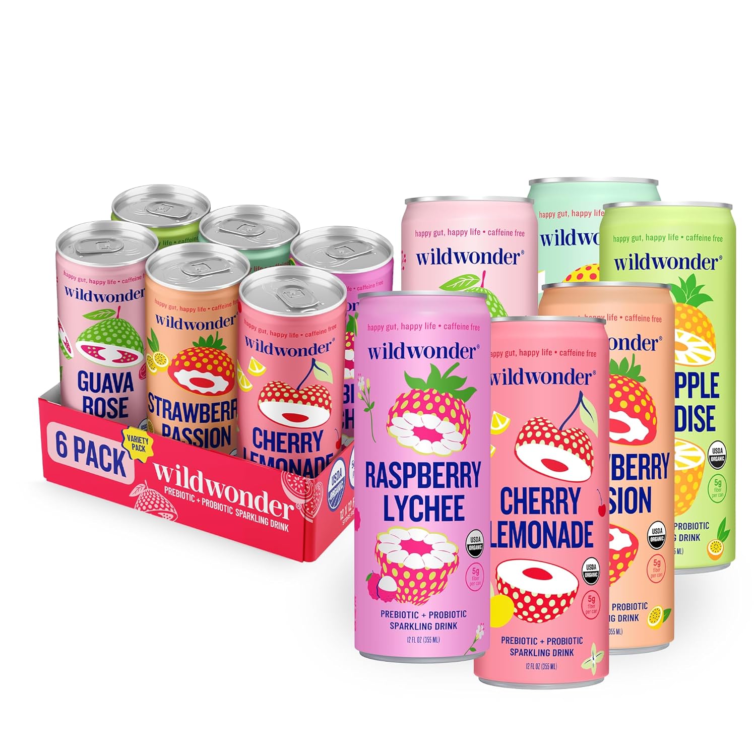 wildwonder Sparkling Probiotic Drink 6pk, For Gut Health & Immune Support, Classic Variety Pack, 6 Pack, 12oz Can, Seen on Shark Tank