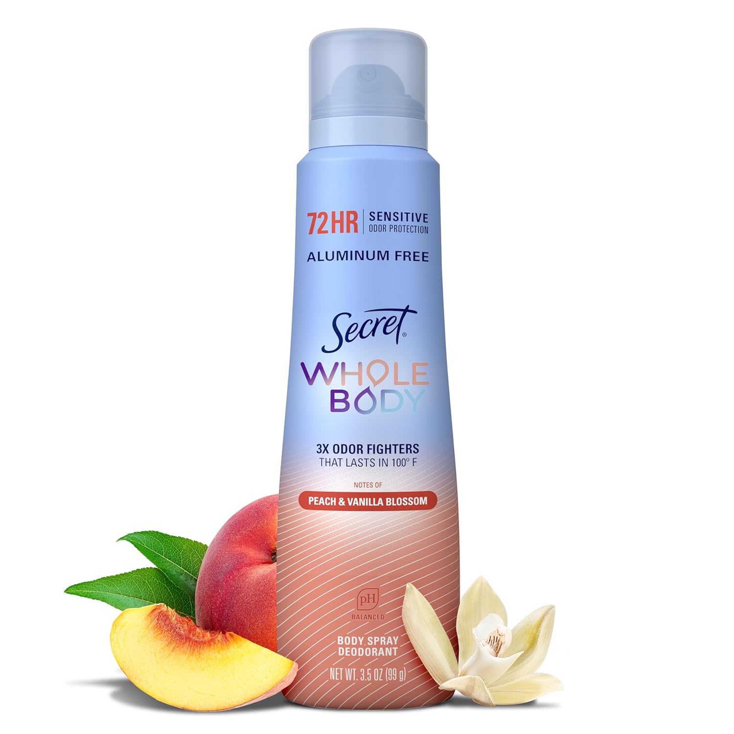 Secret Aluminum Free Whole Body Deodorant Spray for Women, 72hr Sensitive Freshness & Odor Defense, Peach & Vanilla Blossom Scent, 3.5 oz